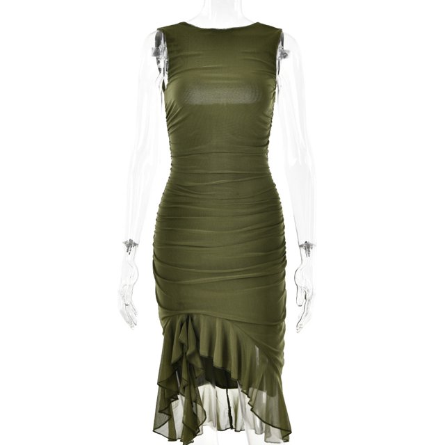 Generic 2025 Spring Summer New round Neck Sleeveless Dress Women's Fashion Hot Selling Sexy Tight Backless Pleated Midi Dress