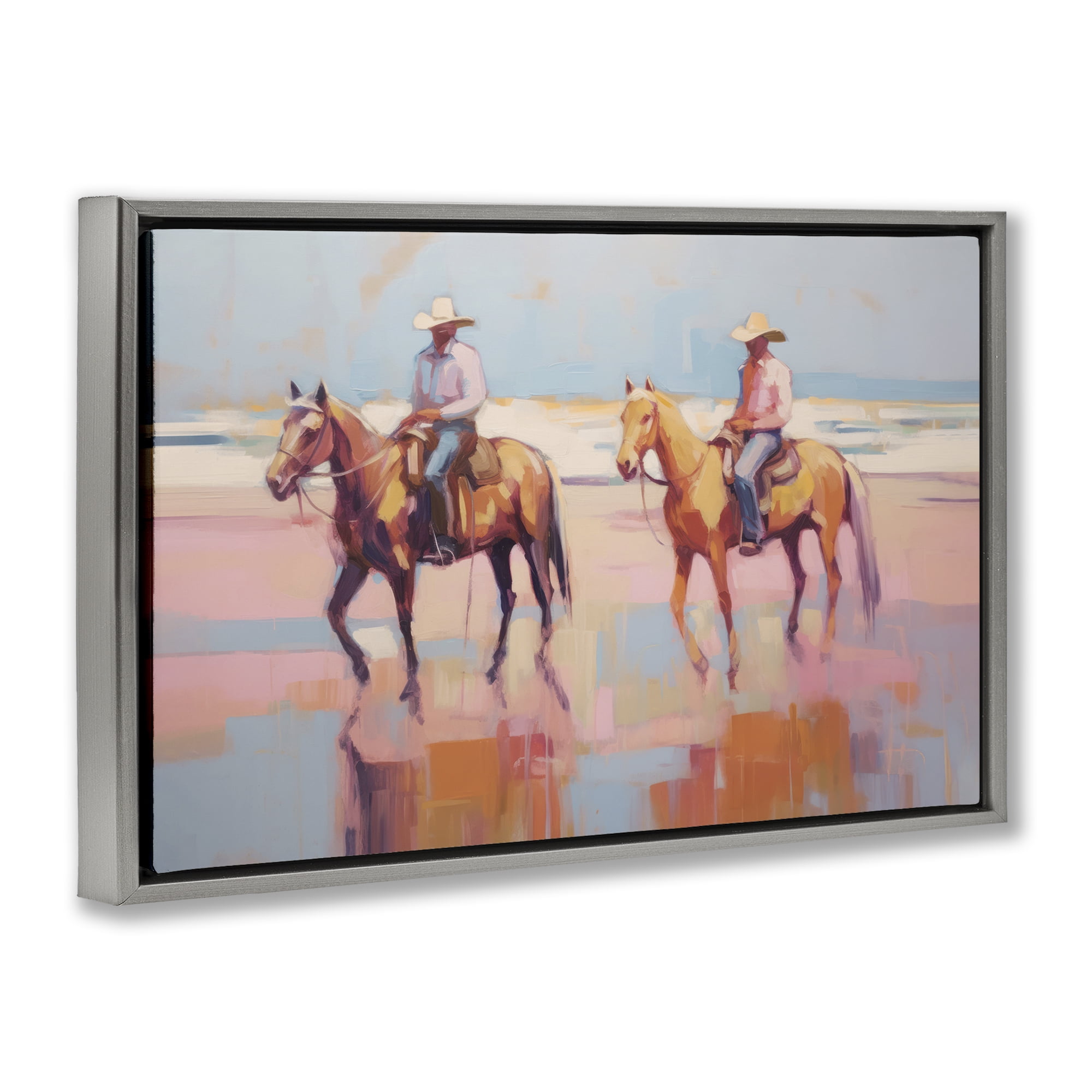 Stupell Industries Two Cowboys in Creek People Painting Gray Floater Framed Canvas Art Print Wall Art, 25 x 17