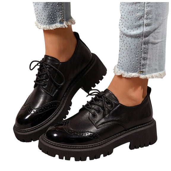 Rokment Womens Chunky Platform Oxford Shoes Casual Leather Lace up Lug Sole Non Slip Vintage Dress Penny Loafers for Office Business