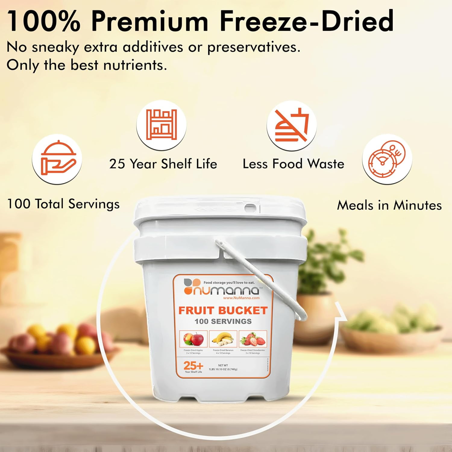 (Pack of 6) NuManna Freeze-Dried Fruits Buckets – 600 Servings | Apples, Bananas & Strawberries | Non-GMO, No Preservatives | Long Shelf Life Emergency Food & Camping Snack – 25 Years