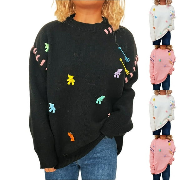 Women's Fashion Casual Loose Versatile Bear Decoration Handmade Drawstring Long Sleeve Round Neck Pullover Sweater for Fall Winter Gift Ideas,Black,L