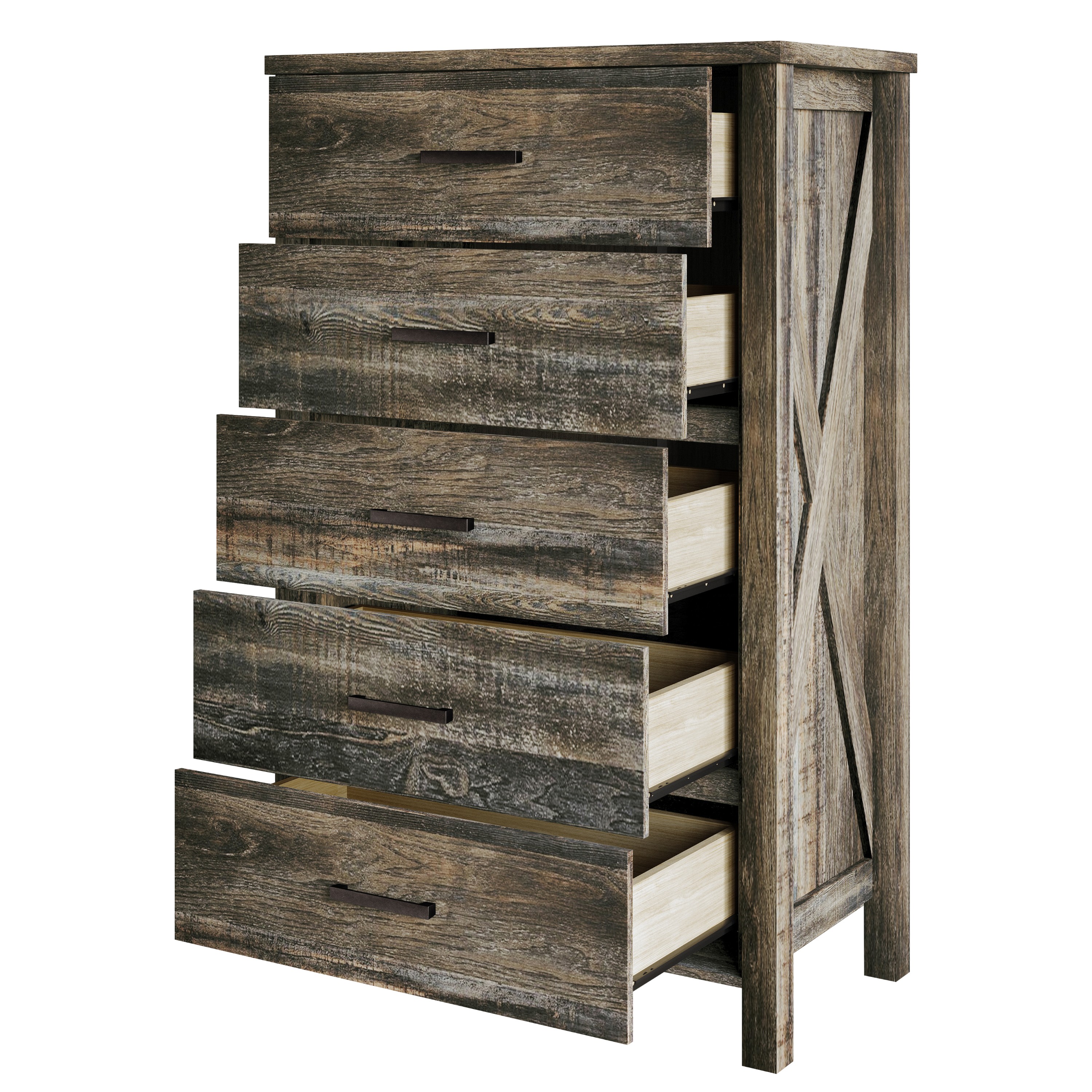 Home Design Niles 5-Drawer Chest, Brown, Wood Construction, X-shaped Side Panels, Black Handles, Easy Assembly