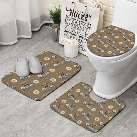 Brown Highland Cow Daisy Farmhouse Pattern Bathroom Rugs Sets 3 Piece,Toilet Cover Set,Absorbent Non Slip Bathroom Mats Sets with U-Shaped Contour Rug Toilet Rug Set