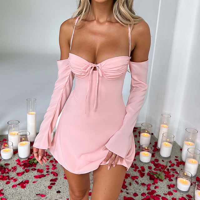 Vestido De Tirantes Vestido de tirantes con cordones de verano Mini vestido de moda sin espalda para club nocturno (Rosa S) Cgtredaw Para estrenar