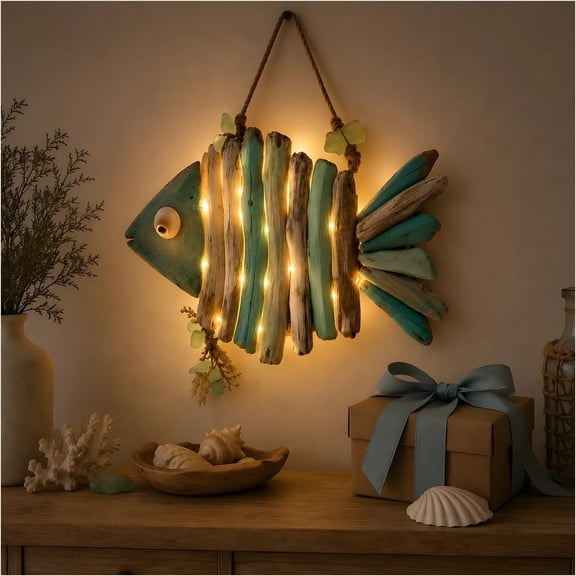 Lighted Wooden Fish Wall Decor, 15*9.8 Inch Summer Nautical Hanging Art with Warm LED Lights, Coastal Ocean Beach Rustic Home Ornament (Light Fish)