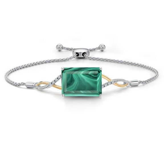 Gem Stone King 18.06 Ct Green Malachite G/H Lab Grown Diamond 925 Silver and 10K Yellow Gold Bracelet