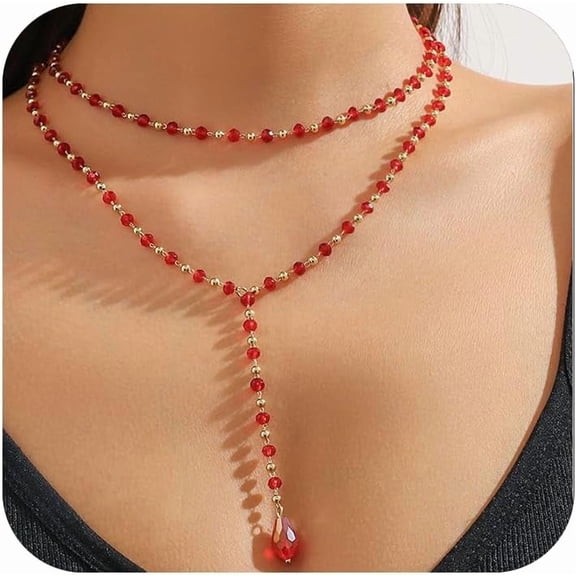 Gothic Red Layered Y Necklace for Women,Vintage Punk Red Rhinestone Pendant Layered Necklaces Chunky Silver Long Chain Choker Necklaces Trendy Gothic Costume Party Necklace Jewelry