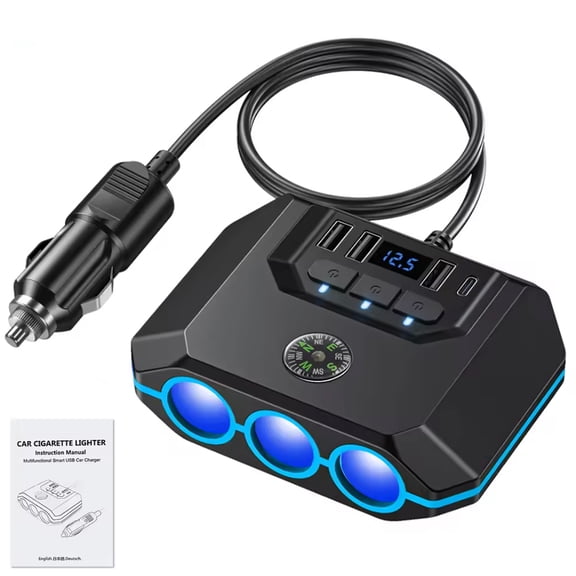 YIYUN 120W Car Cigarette Lighter Splitter Adapter, 12V-24V Multi-Port USB PD Charger with Power Switch & LED Display Car Power Socket Extension for Phone, GPS, Dash Cam, and More.
