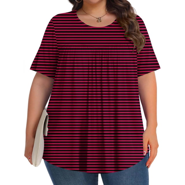 Liquidation Horkkom T-Shirts à Manches Courtes pour Femmes Grande Taille Été Décontracté Tunique Plissée Hauts Imprimé à Rayures Col Rond Blouses L