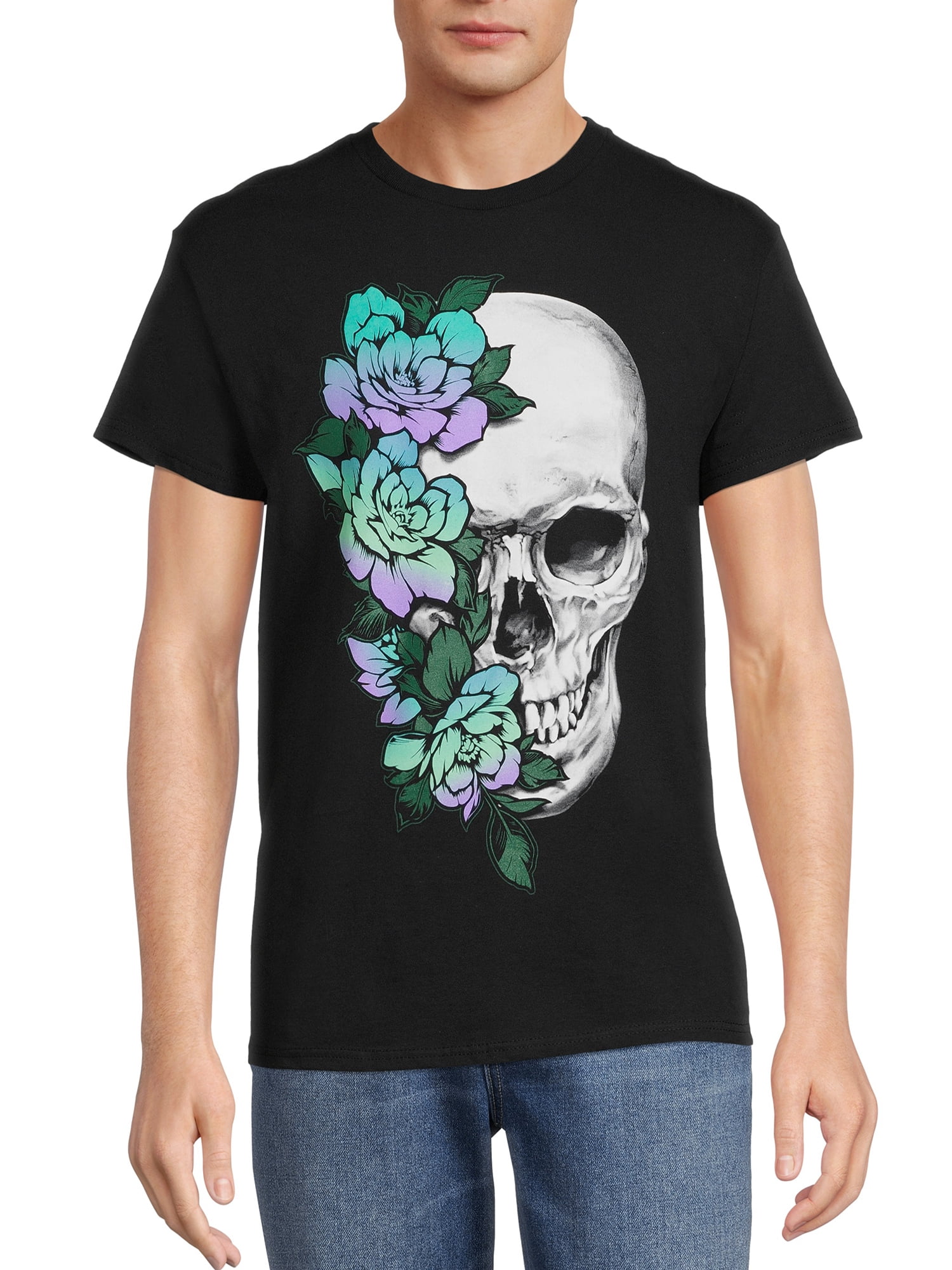 ★HYDROGEN★Unisex Skull &Flower Graphic Tee GREY Good Vibrations Skeleton & Flower Skull Short Sleeve Men's