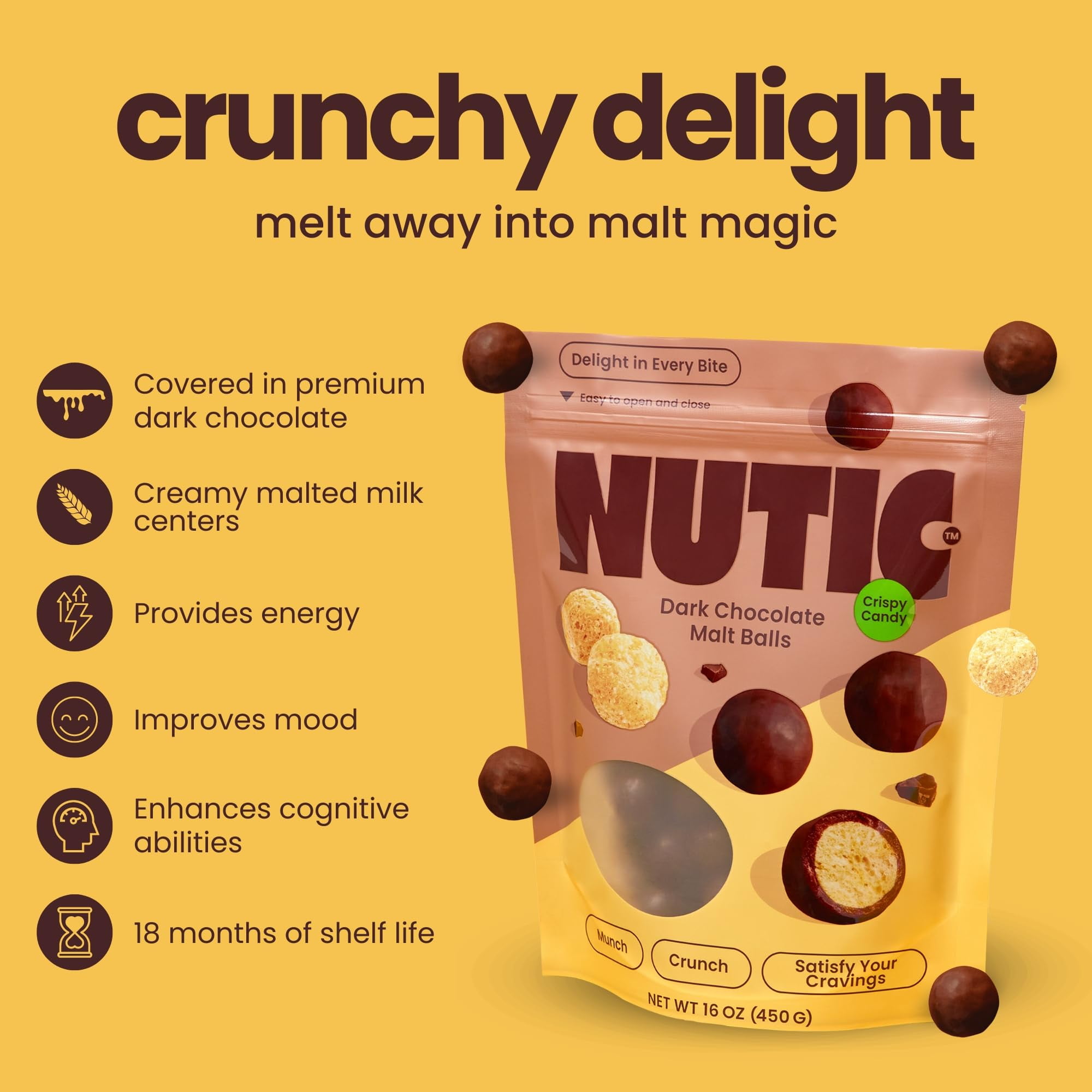 Nutic Dark Chocolate Malted Milk Balls - 1LB, Classic Treats for Holidays and Movie Nights, Luxurious Malt Balls Coated in Rich Dark Chocolate - Made in the USA - (Pack of 1)