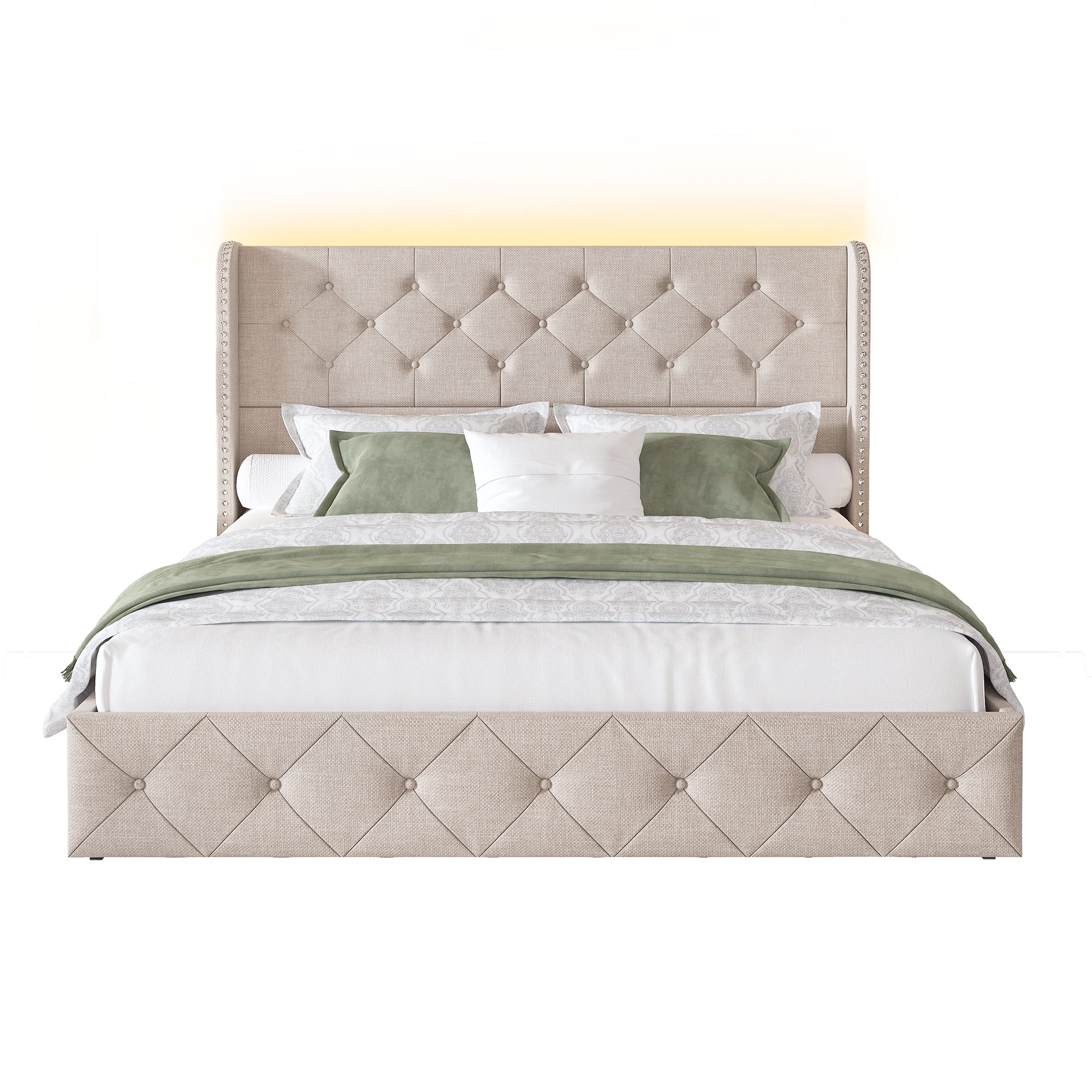 Queen Size Bed Frame with Storage Drawers and Tufted Headboard Velvet Upholstered Platform Bed Frame with LED Light Wingback, Beige