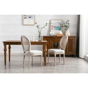 Guyou Farmhouse Dining Chairs Set of 2, French Wooden Country Upholstered Linen Oval Side Chair with Round Rattan Back for Restaurant Living Room Kitchen Dining Room, Beige