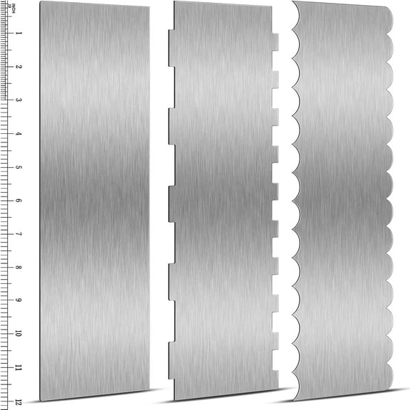 ABCISI 3 Pcs 12 Inch Cake Scraper Smoother Stainless Steel Cake Scraper Metal Large Double Sided Patterned Edge Decorating Comb Icing Smoother for Mousse Butter Cream Dessert Decoration