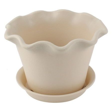 Pot Pond Plants - Unique Bargains Home Office Plastic Plant Planter Holder Flower Pot Beige 16.5cm Diameter w Tray