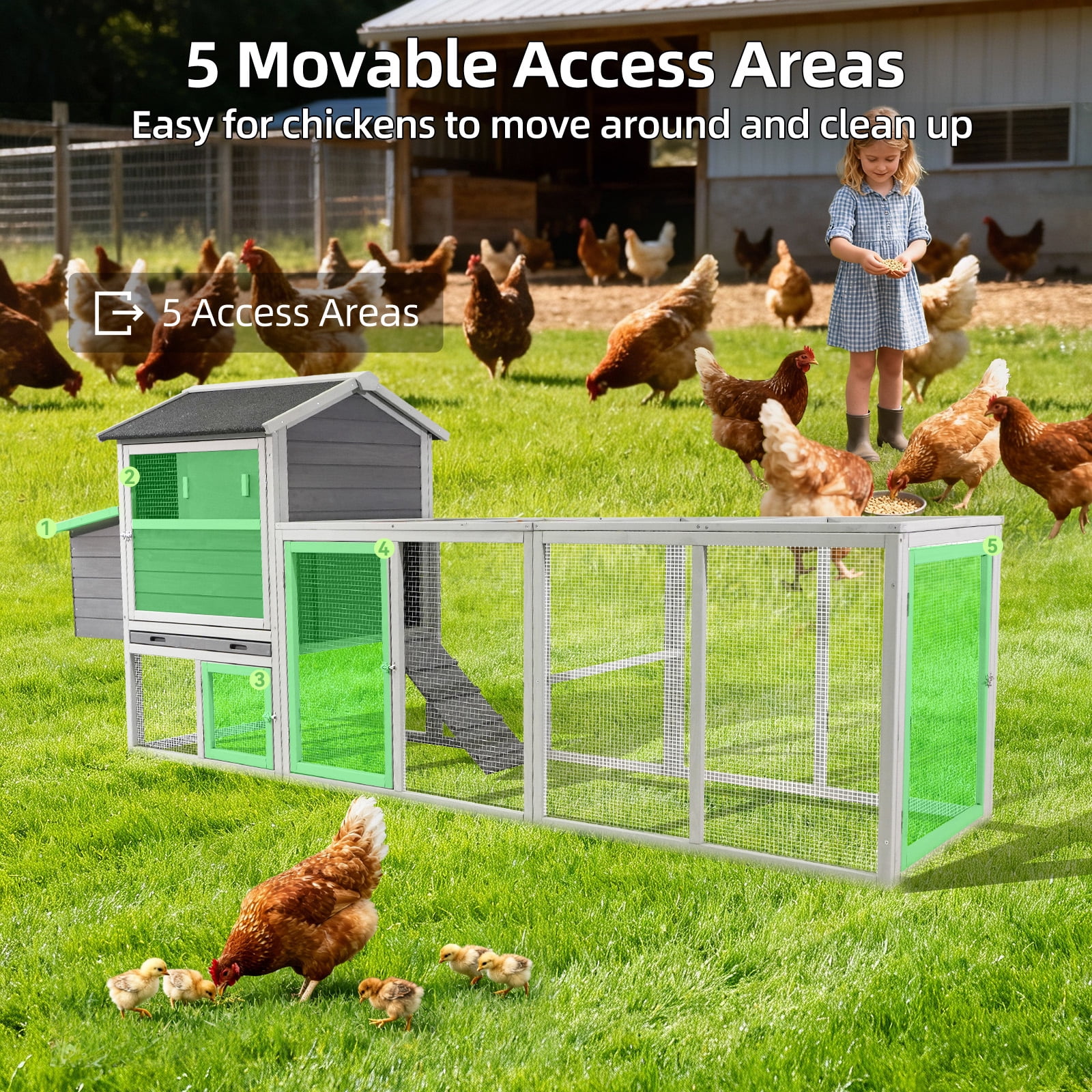 Wooden Chicken Coop, Large Outdoor Hen House with Run and Nesting Box Poultry Cage, Rabbit Hutch, Waterproof Anti-UV Panel for Backyard, Gray