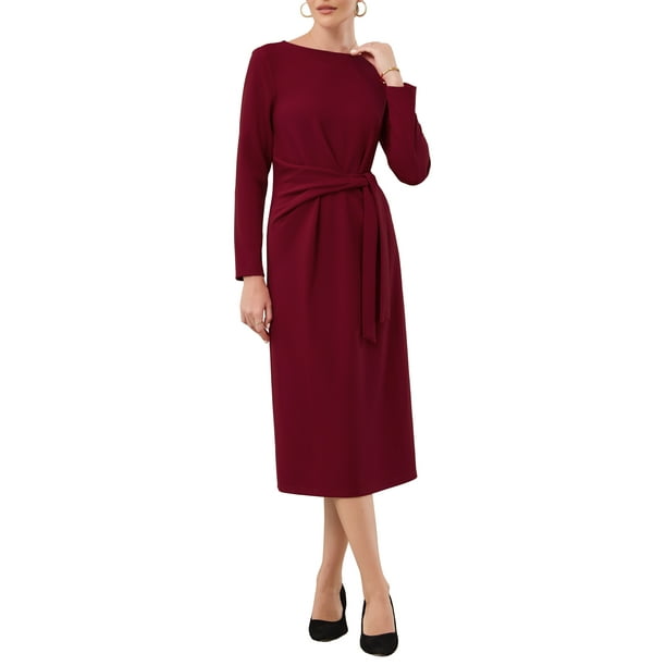VESTIDO LARGO DE MANGA DE PENCIL DE KNEE LENGTH DE INSPIRE CHIC PARA MUJERES, CON CINTURA CON LAZO, PARA IGLESIA Y TRABAJO, VESTIDOS SHEATH M ROJO OSCURO