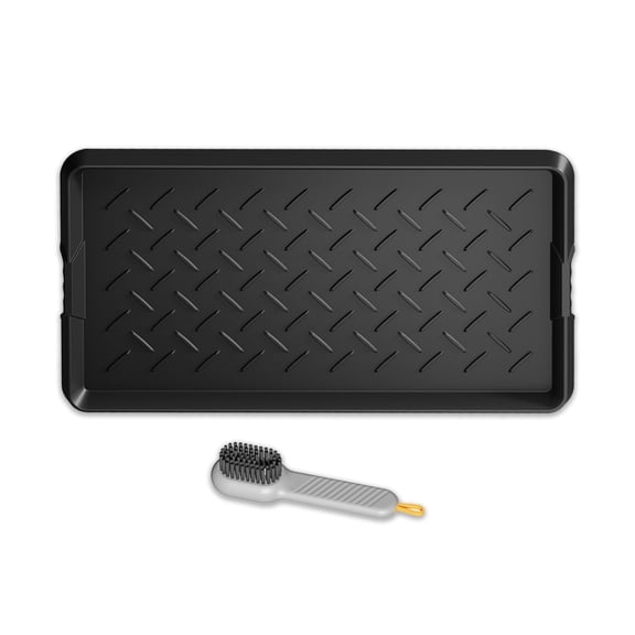Cubepoint Waterproof Non-Slip Rubber Boot Tray with Brush, Large Shoe Trays for Entryway, All-Weather Versatile Boot Mat Tray with Raised Edge, 27.5"x16" Rubber Mat for Shoe Organizer Indoor/Outdoor