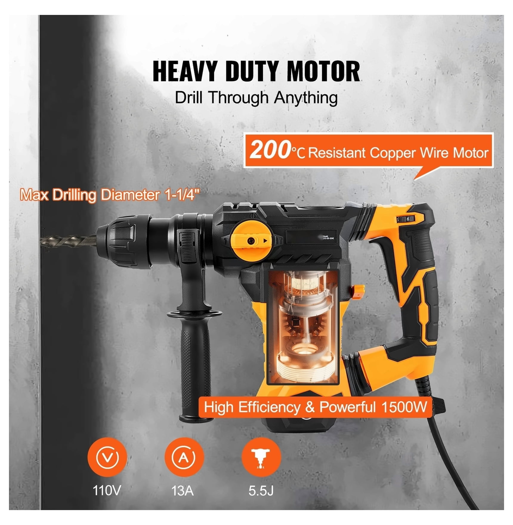 TriGol Rotary Hammer Drill - 1-1/4 Inch SDS-Plus, 4 Mode Corded Drill for Concrete, Chipping, Demolition, with Complete Accessories