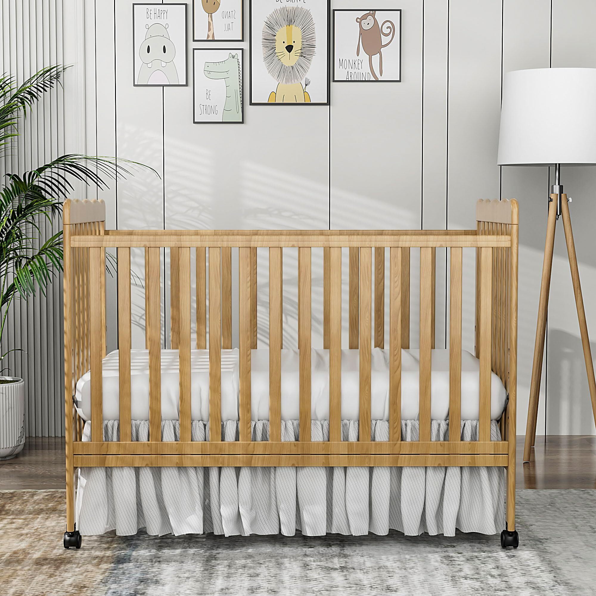 Baby Convertible Crib 3 In 1, Converts from Baby Crib to Toddler Bed, New Zealand Pinewood Baby Bed with Locking Wheels and Teething Rail, Crib with 4 Height Adjustment and Non Toxic Finish, Natural