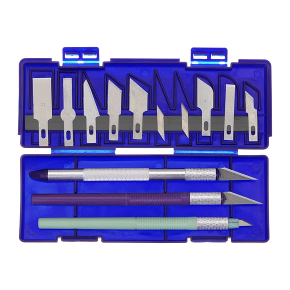 Juego de cuchillos de arte Uxcell de 13 piezas, 3 cuchillos Exacto para manualidades y 10 cuchillas de repuesto con caja de plástico, extremo azul