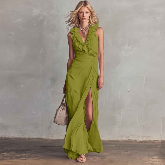 QUNYINEY Party Summer Wedding Guest Dresses for Women Elegant Long Formal Sleeveless Cocktail Dresses V Neck Slim Fit Ruffle Solid with Slit Dresses
