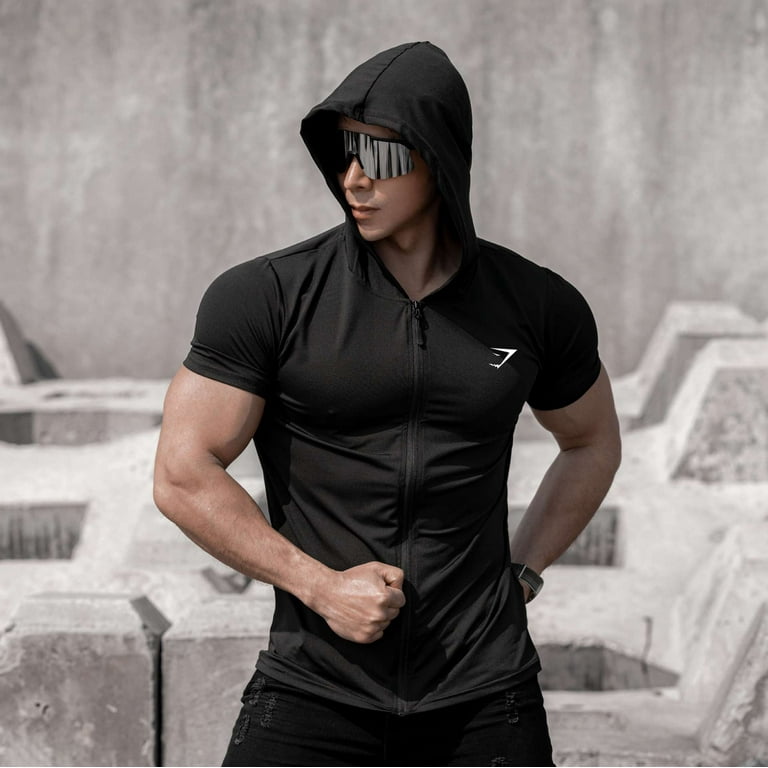 GYMSHARK Men's Workout Hooded Tank Tops Zip Up Sleeveless Gym