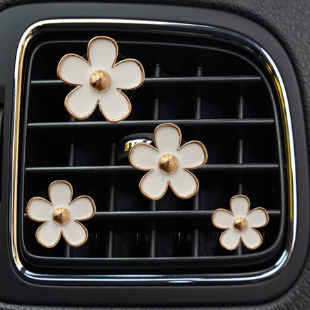 4 Pcs Daisy Car Air Vent Clips Flower Car Air Conditioning Outlet Clips Cute Car Air Freshener Charms Car Perfume Dispenser Car Diffuser Vent Clips White