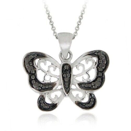Accent Butterfly Black Diamond Necklace 925 Sterling Silver 18" Chain