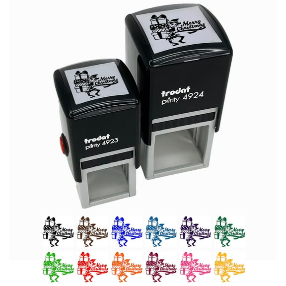 Merry Christmas Elf with Presents Gifts Self-Inking Rubber Stamp Ink Stamper - Black Ink - Small 1 Inch