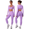 thumbnail image 2 of IDOPIP Workout Sets for Women 3 Piece Long Sleeve Shrug with Seamless Halter Sports Bra High Waist Leggings Gym Yoga Active Outfits XL Purple, 2 of 8