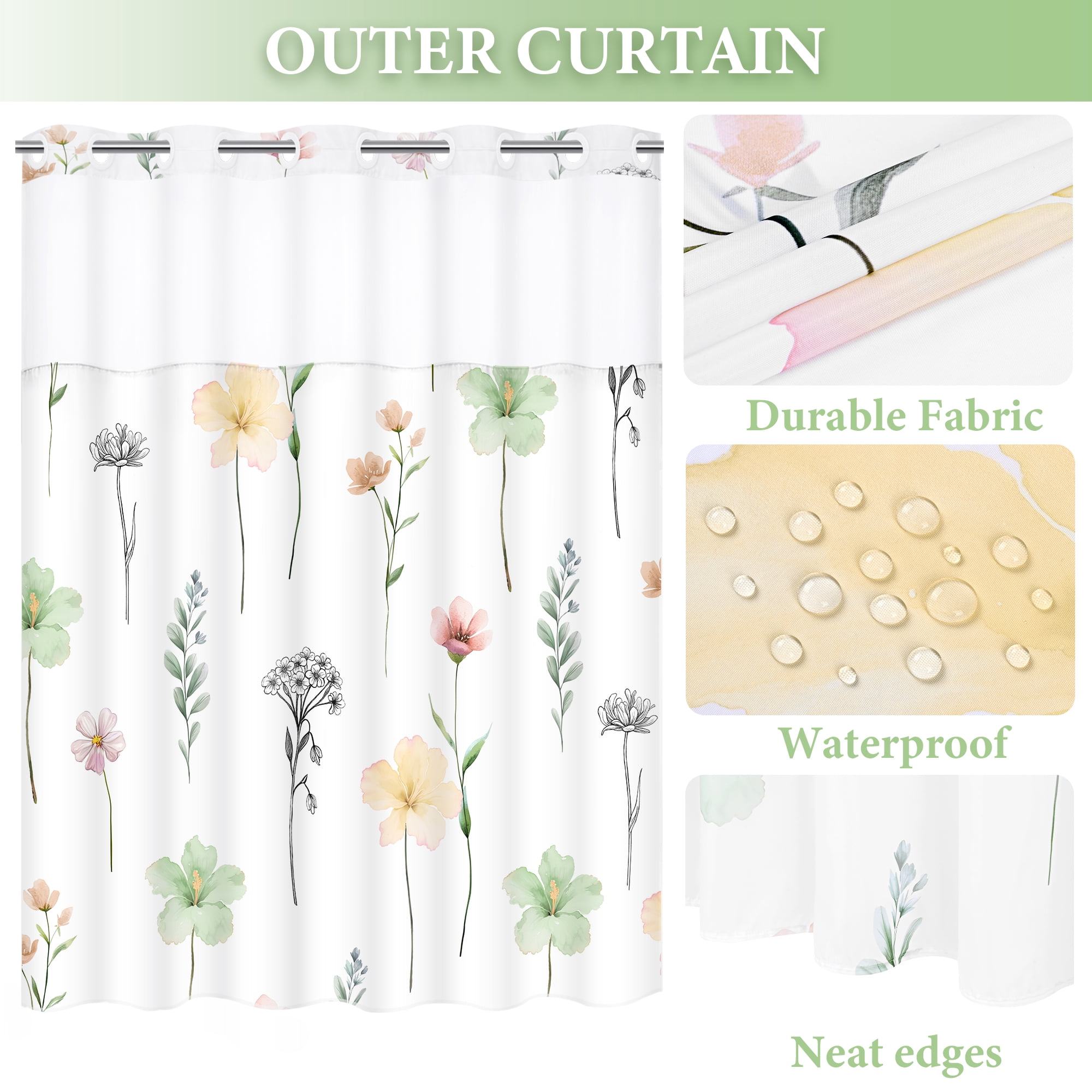Ikfashoni Hookless Shower Curtain with Snap in Liner, Green Watercolor Flowers No Hook Waterproof Bath Curtain, 71"X74"