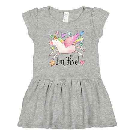 

Inktastic I m 5 Cute Rainbow Unicorn with Stars and Hearts Gift Toddler Girl Dress