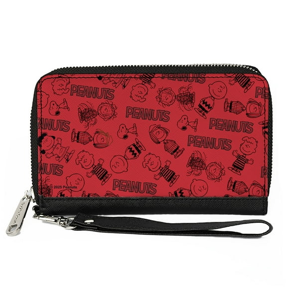 Peanuts Wallet, Zip Around, Peanuts Gang Six Character and Title Logo Collage Red Black, Vegan Leather
