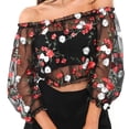 thumbnail image 4 of Blusa elástica con hombros descubiertos y estampado floral de malla con top corto bordado para mujer, XL kenally AP000886-04, 4 of 7