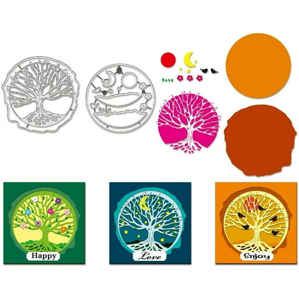 2 Troqueles de corte Árbol de la Vida, plantillas de fondo con borde de árbol, sol, luna y estrellas, plantillas decorativas para repujado.