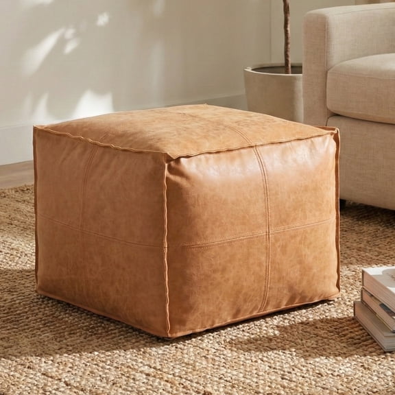 Simpli Home Simpli Home Brody 18 inch Wide Boho Square Pouf in Distressed Brown Vegan Faux Leather