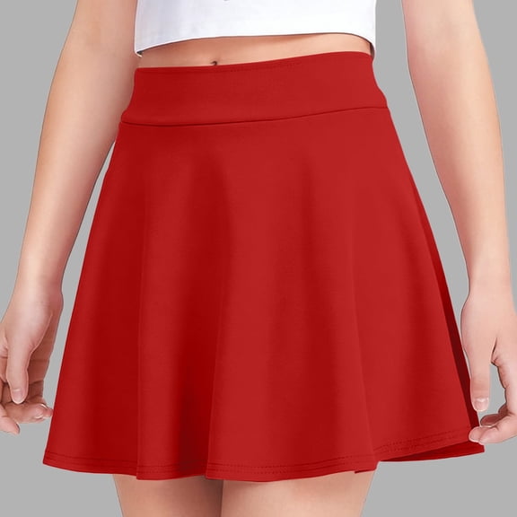 Girls Red High Waisted Flared Skirt Elastic Waist Stretchy A-Line Twirl Skirt for Kids Party School Casual Comfort Fit 5-15 Years,Size 12-13 T