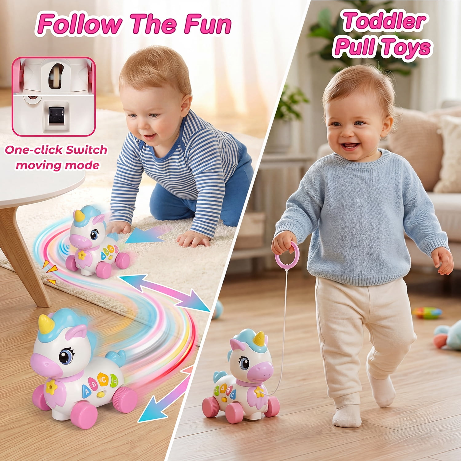 QOQ Baby Unicorn Musical Toy with Music & Lights, Bilingual Educational Sensory Toy for 6-18 Months, Crawling & Walking Learning Toy for Infants & Toddlers, Birthday Gift for Baby Girls Boys