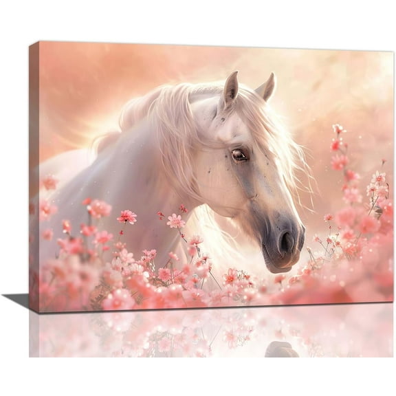 Aaheei Horse Canvas Wall Art, White Horse with Pink Floral Painting, Modern Prints for Living Room, Bedroom, Bathroom or Office, Elegant Home Wall Decor 8 x 10 in
