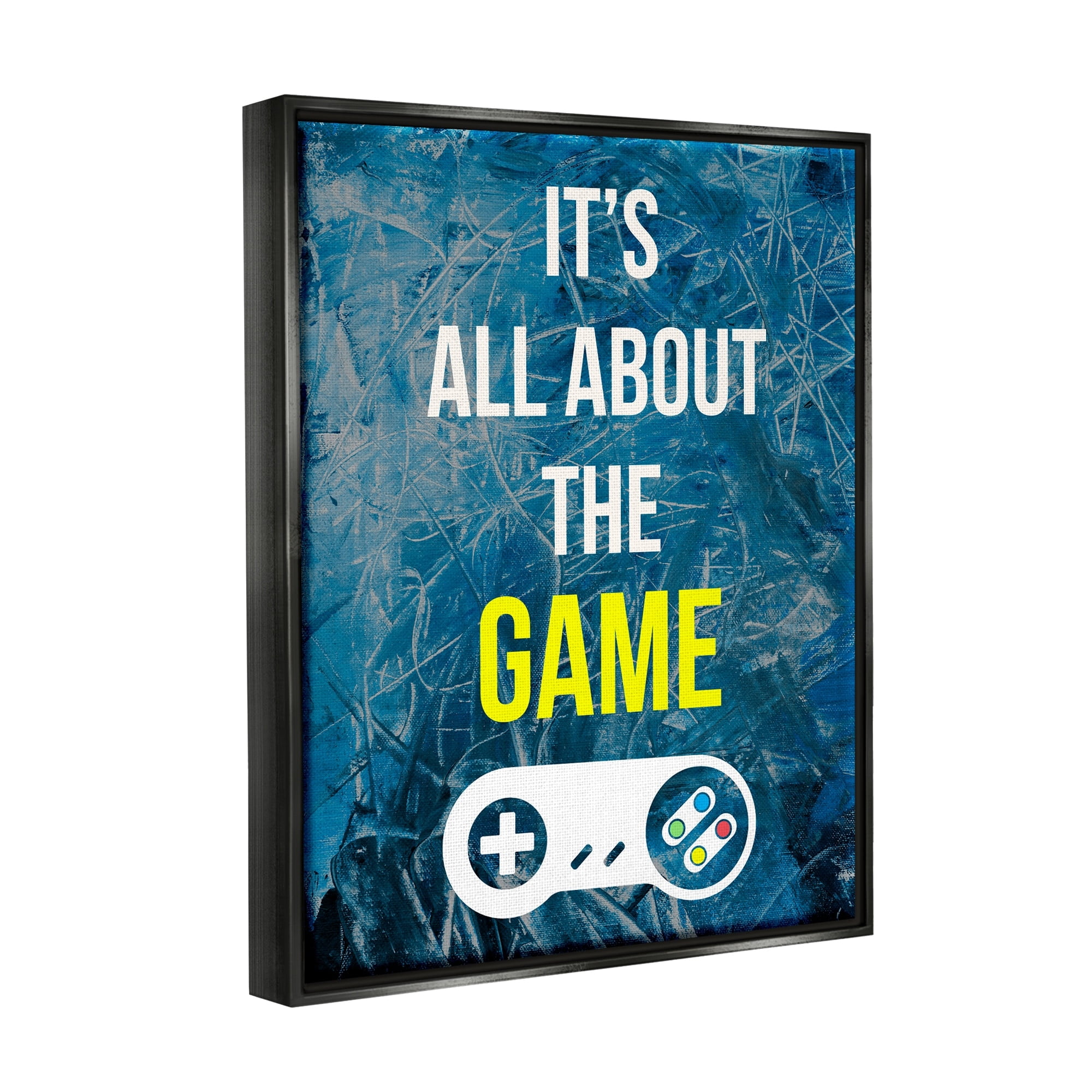 Stupell Industries All About The Game Vintage Controller Gamer Sign Graphic Art Jet Black Floating Framed Canvas Print Wall Art, Design by Annie Warren