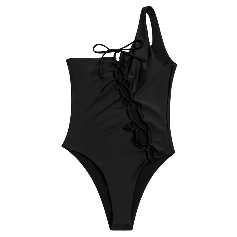 Women's Black One Shoulder Lace Up Sexy One Piece Swimsuit