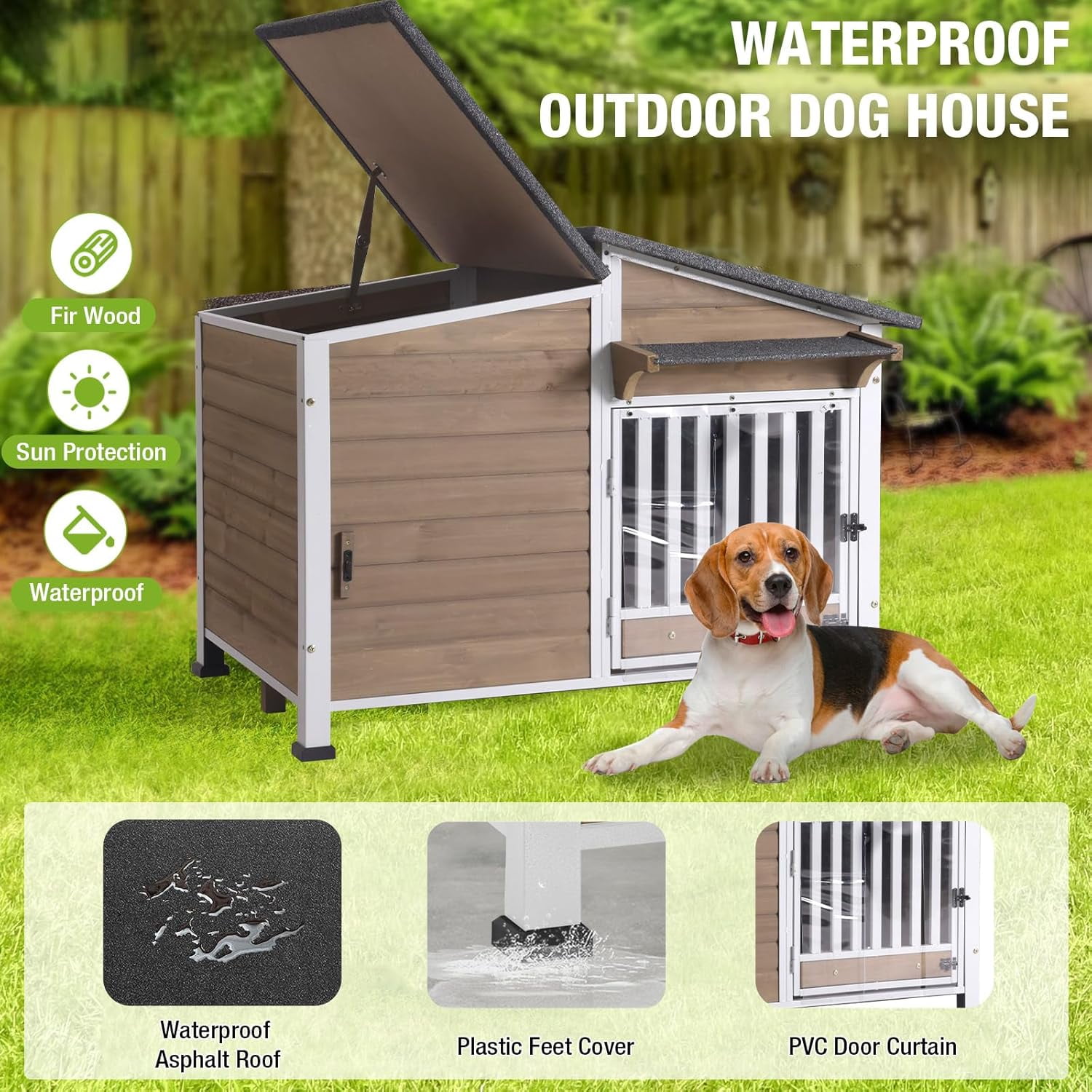 Aivituvin Heated Dog House Outdoor with Heating Pad and Insulated Liner, Wooden Dog Kennel with Anti-Chewing Metal Frame, Weatherproof Dog Shelter with Bowls for Outdoor or Indoor Use (Light Brown)
