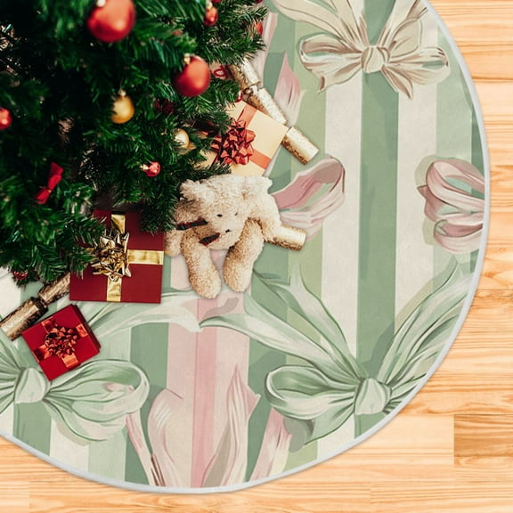 Pink Green Ribbons Stripe Christmas Tree Skirt Xmas Tree Skirt Christmas Decorations Indoor for Holiday Party Decorations