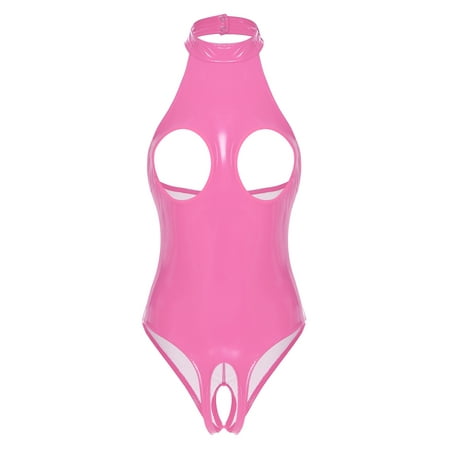 Haitryli Women s Faux Leather High Cut Teddy Bodysuit Catsuit Hollow Out Leotard Clubwear Pink XL