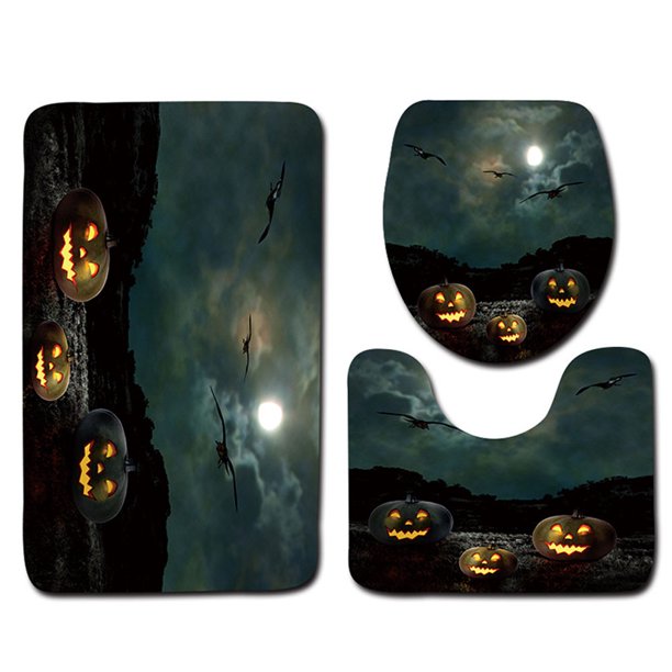 Latas de baño y conjuntos Halloween Negro Gato Tapa del asiento del inodoro y alfombra de baño Set Decoración de Halloween ANMAO YSSNA221215MX0080