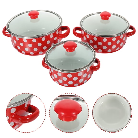 ETEREAUTY 3-Piece Enamel Saucepan Set Red with White Polka Dots, Cookware for Home Kitchen Cooking