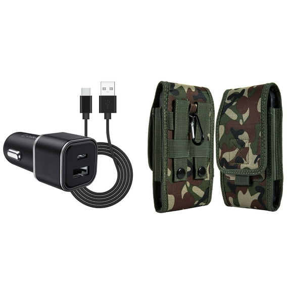 Holster and Car Charger Bundle for Samsung Galaxy S22 Ultra: Vertical Rugged Nylon Belt Pouch Case (Green Camo) and Compact High Power 30W Dual USB Port (Type-C & USB-A) Auto Power Adapter