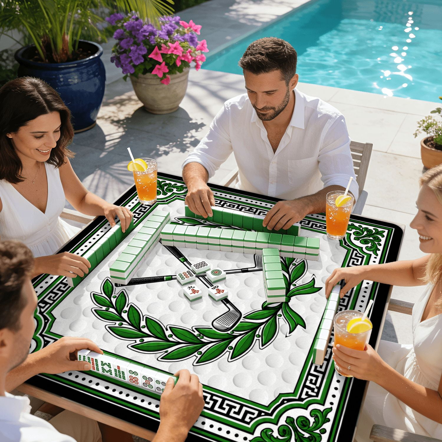Mahjong Mat 31.5" x 31.5" Crossed Golf Clubs Green Laurel Wreath Golf Ball Decorative Border Non-Slip Noise Reduction American Mahjong Tiles Table Cover for Dominoes Poker Card Board Games Gift