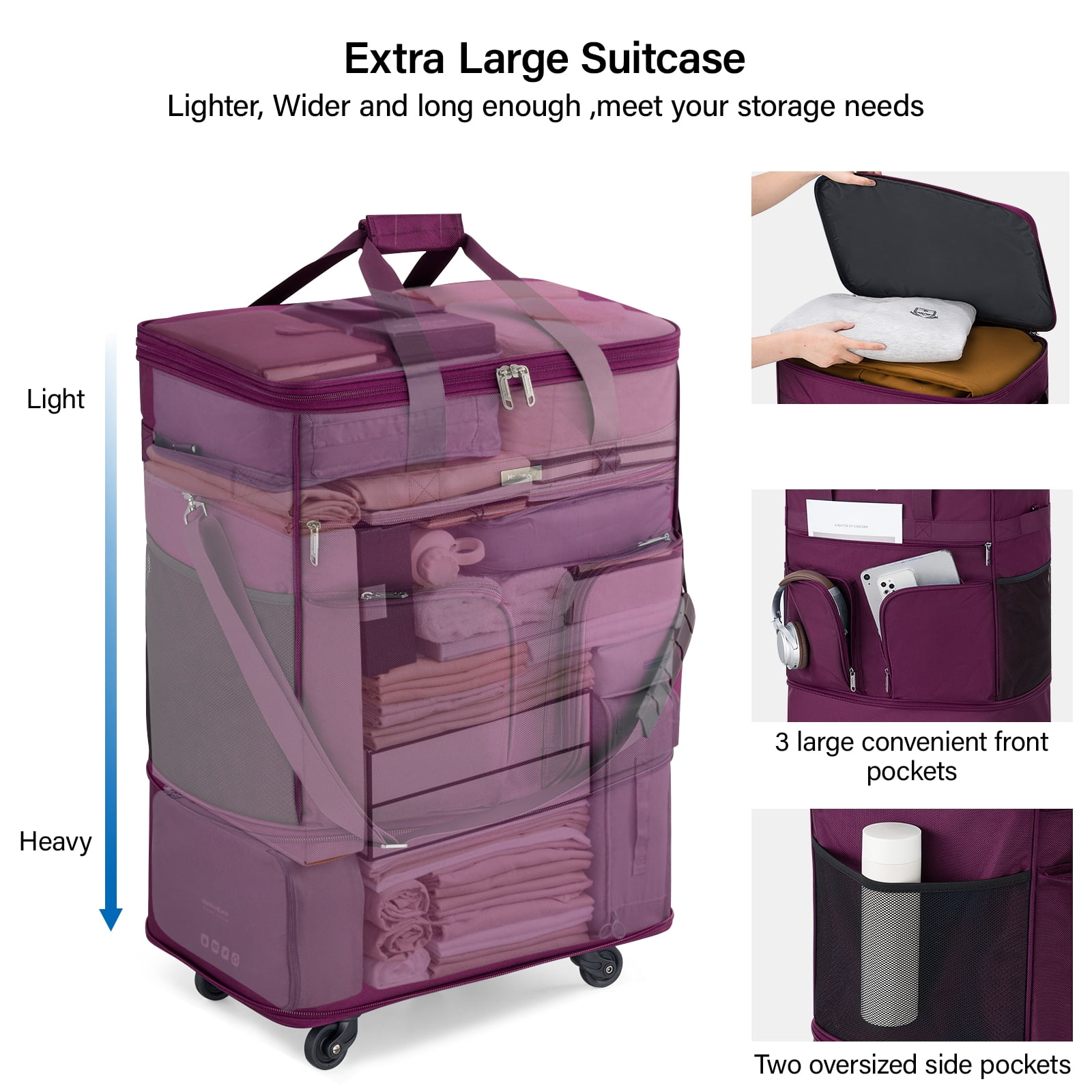 Hanke Suitcases with Wheels Expandable Foldable Luggage Bag Suitcase Collapsible Rolling Travel Bag Duffel Bag for Men Women Lightweight Suitcases,Purple